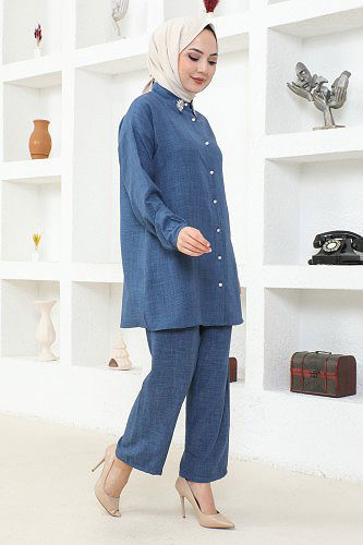 Yaka Taşlı İkili Tesettür Takım-3358 İndigo - Thumbnail