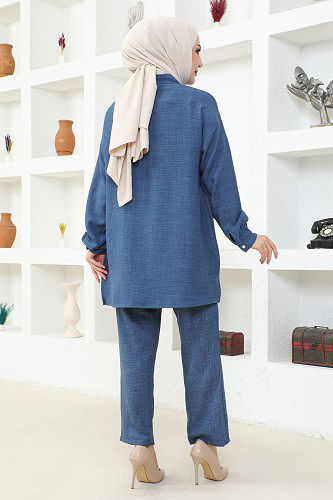 Yaka Taşlı İkili Tesettür Takım-3358 İndigo - Thumbnail