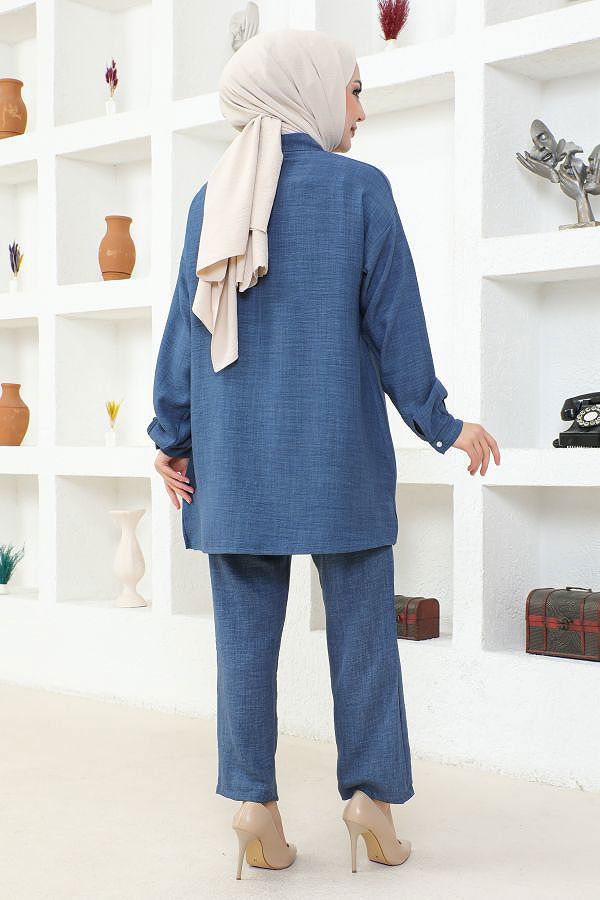 Yaka Taşlı İkili Tesettür Takım-3358 İndigo