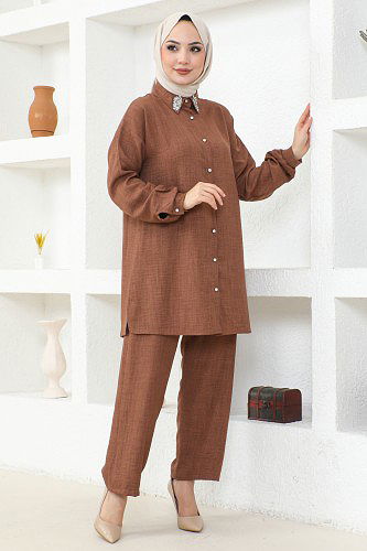 Yaka Taşlı İkili Tesettür Takım-3358 Kahve - Thumbnail