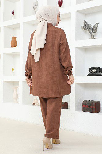 Yaka Taşlı İkili Tesettür Takım-3358 Kahve - Thumbnail