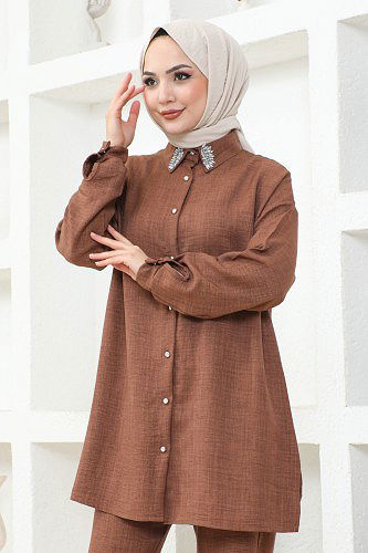 Yaka Taşlı İkili Tesettür Takım-3358 Kahve - Thumbnail