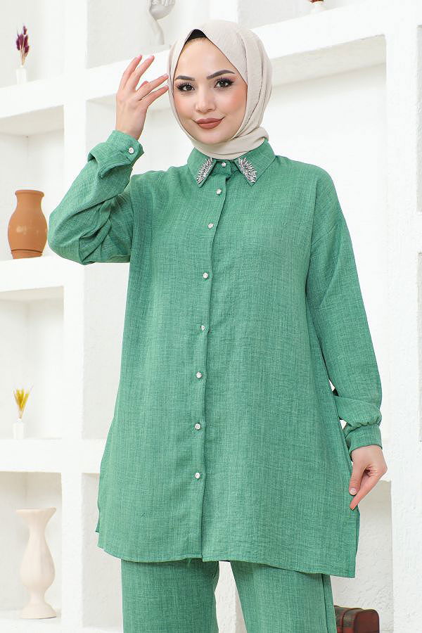 Yaka Taşlı İkili Tesettür Takım-3358 Mint yeşili