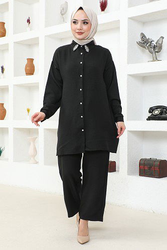 Yaka Taşlı İkili Tesettür Takım-3358 Siyah - Thumbnail