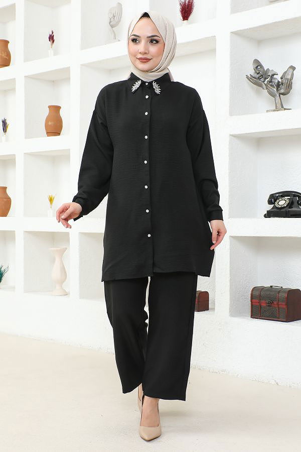 Yaka Taşlı İkili Tesettür Takım-3358 Siyah