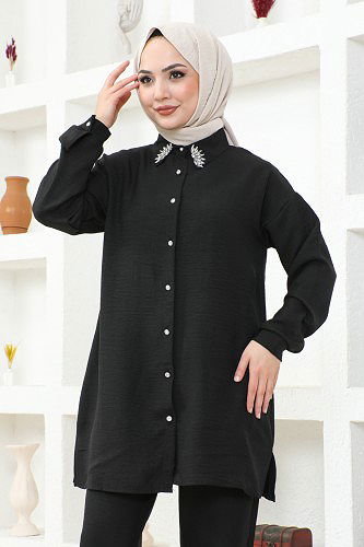 Yaka Taşlı İkili Tesettür Takım-3358 Siyah - Thumbnail