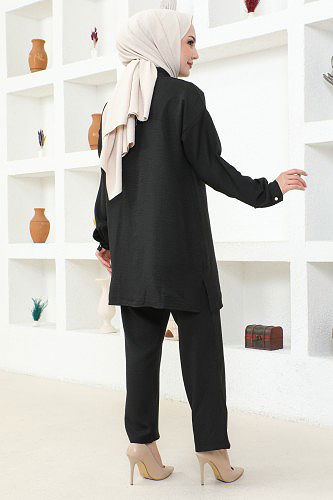 Yaka Taşlı İkili Tesettür Takım-3358 Siyah - Thumbnail