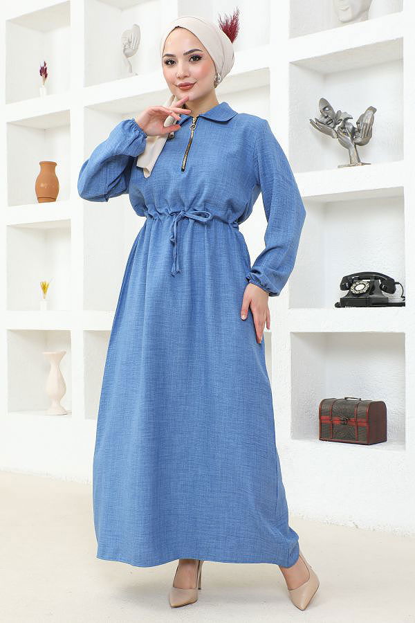 Yakalı Fermuarlı Keten Elbise-2327 Mavi
