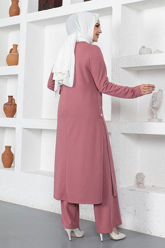 Yanlardan Yırmaçlı Kolyeli İkili Tesettür Takım-3128 Gülkurusu - Thumbnail