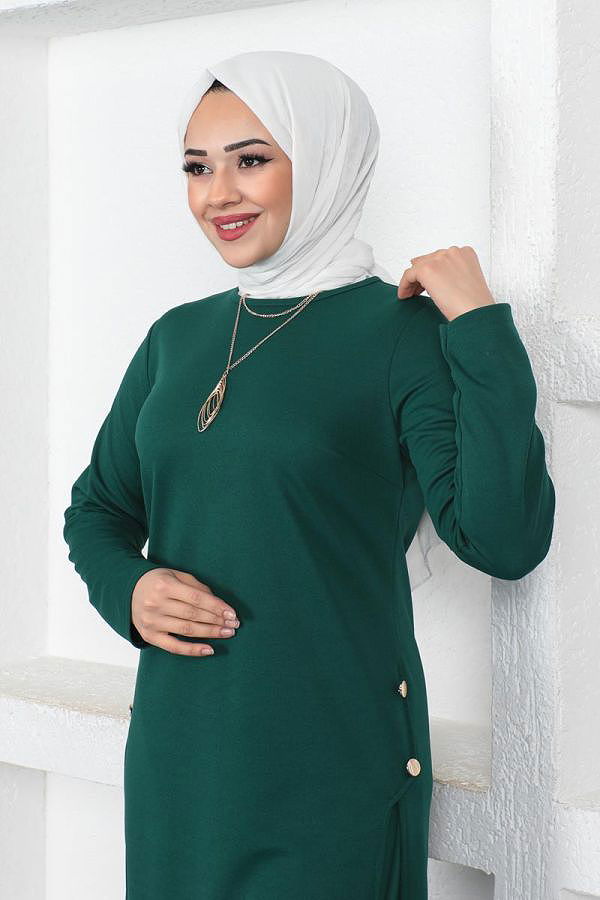 Yanlardan Yırmaçlı Kolyeli İkili Tesettür Takım-3128 Zümrütyeşili