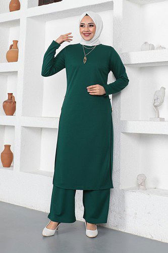 Yanlardan Yırmaçlı Kolyeli İkili Tesettür Takım-3128 Zümrütyeşili - Thumbnail