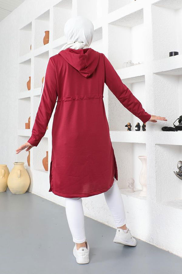 Yanlardan Yırtmaçlı Çizgi Detaylı Tesettür Kap-3112 Bordo