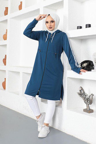 Modaebva - Yanlardan Yırtmaçlı Çizgi Detaylı Tesettür Kap-3112 İndigo (1)