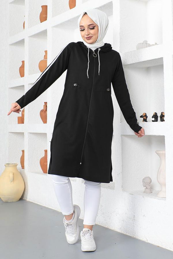 Yanlardan Yırtmaçlı Çizgi Detaylı Tesettür Kap-3112 Siyah