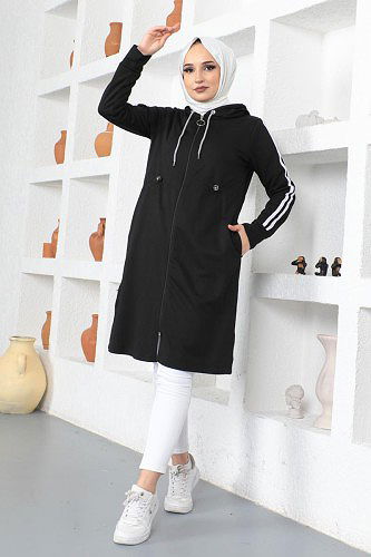 Yanlardan Yırtmaçlı Çizgi Detaylı Tesettür Kap-3112 Siyah - Thumbnail