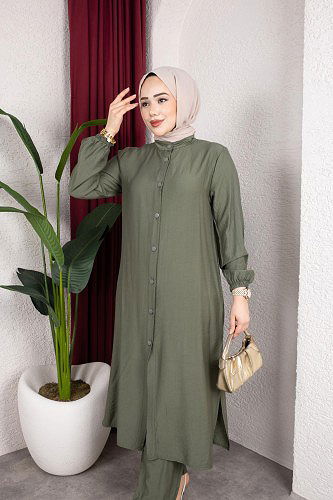 Yanlardan Yırtmaçlı İkili Takım-6461 Haki yeşili - Thumbnail