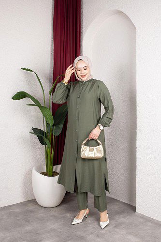 Yanlardan Yırtmaçlı İkili Takım-6461 Haki yeşili - Thumbnail