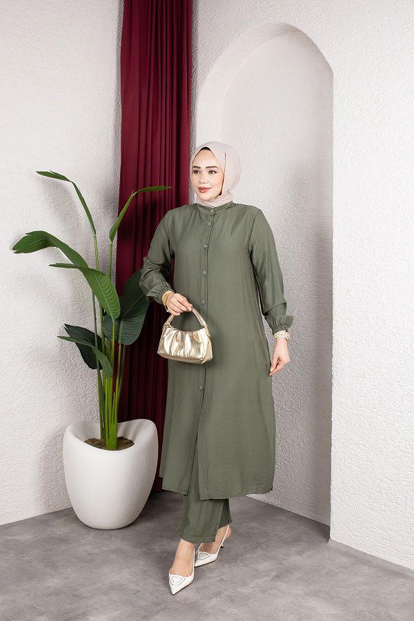 Yanlardan Yırtmaçlı İkili Takım-6461 Haki yeşili