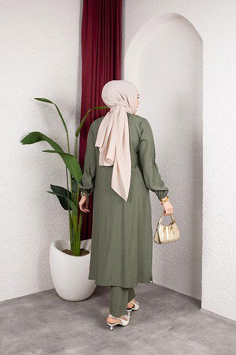 Yanlardan Yırtmaçlı İkili Takım-6461 Haki yeşili - Thumbnail