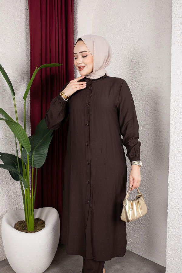 Yanlardan Yırtmaçlı İkili Takım-6461 Kahve