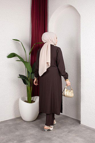 Yanlardan Yırtmaçlı İkili Takım-6461 Kahve - Thumbnail