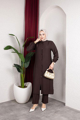 Yanlardan Yırtmaçlı İkili Takım-6461 Kahve - Thumbnail