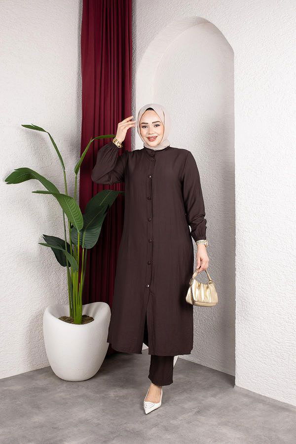 Yanlardan Yırtmaçlı İkili Takım-6461 Kahve