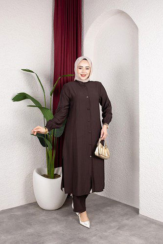 Yanlardan Yırtmaçlı İkili Takım-6461 Kahve - Thumbnail