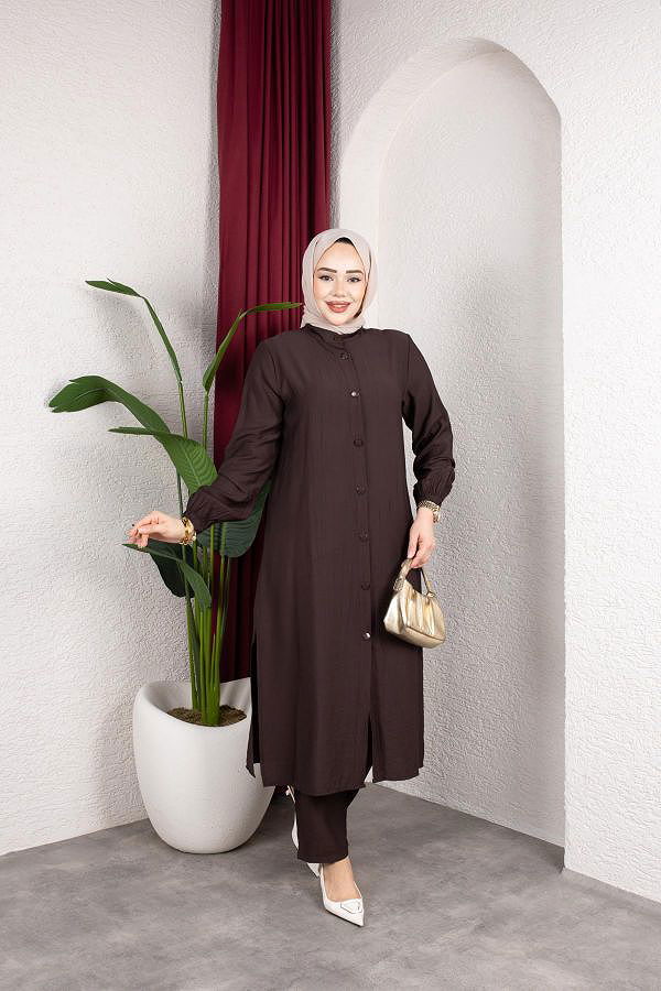 Yanlardan Yırtmaçlı İkili Takım-6461 Kahve