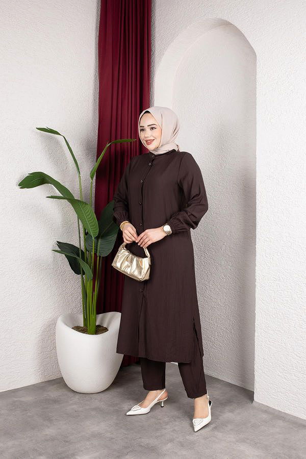 Yanlardan Yırtmaçlı İkili Takım-6461 Kahve