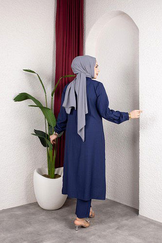 Yanlardan Yırtmaçlı İkili Takım-6461 Lacivert - Thumbnail