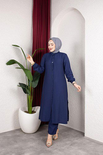 Modaebva - Yanlardan Yırtmaçlı İkili Takım-6461 Lacivert