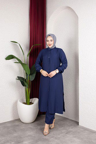 Yanlardan Yırtmaçlı İkili Takım-6461 Lacivert - Thumbnail