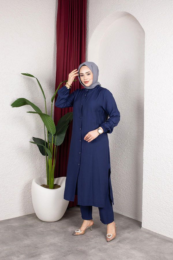 Yanlardan Yırtmaçlı İkili Takım-6461 Lacivert