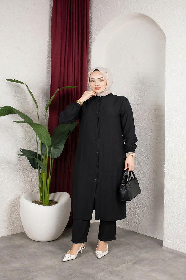 Yanlardan Yırtmaçlı İkili Takım-6461 Siyah