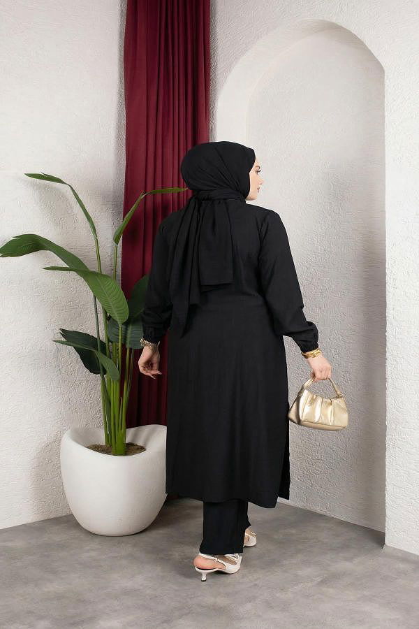 Yanlardan Yırtmaçlı İkili Takım-6461 Siyah