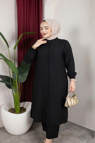 Yanlardan Yırtmaçlı İkili Takım-6461 Siyah - Thumbnail