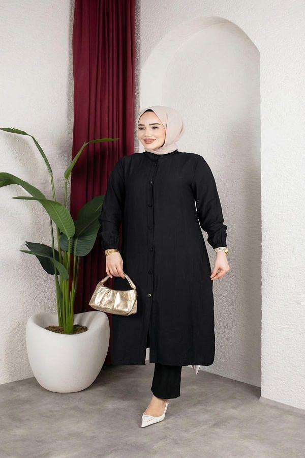 Yanlardan Yırtmaçlı İkili Takım-6461 Siyah