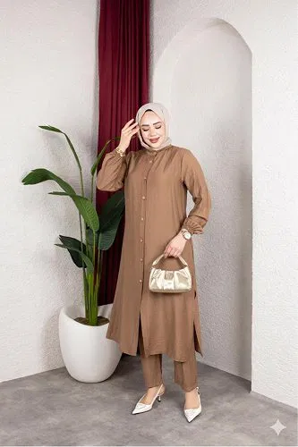 Yanlardan Yırtmaçlı İkili Takım-6461 Vizon - Thumbnail