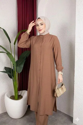 Yanlardan Yırtmaçlı İkili Takım-6461 Vizon - Thumbnail