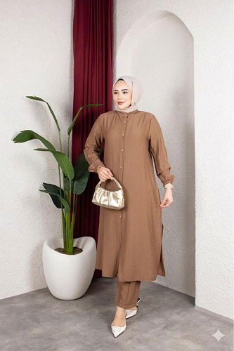 Yanlardan Yırtmaçlı İkili Takım-6461 Vizon - Thumbnail