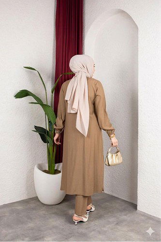 Yanlardan Yırtmaçlı İkili Takım-6461 Vizon - Thumbnail