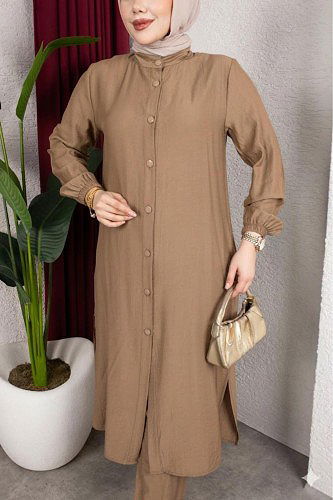 Yanlardan Yırtmaçlı İkili Takım-6461 Vizon - Thumbnail