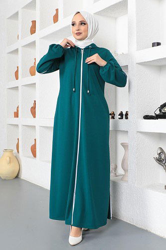 Yanlardan Yırtmaçlı Kapüşonlu Ferace-3118 Zümrütyeşili - Thumbnail