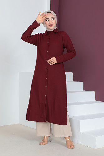 Yanlardan Yırtmaçlı Üçlü Tesettür Takım-3138 Bordo - Thumbnail