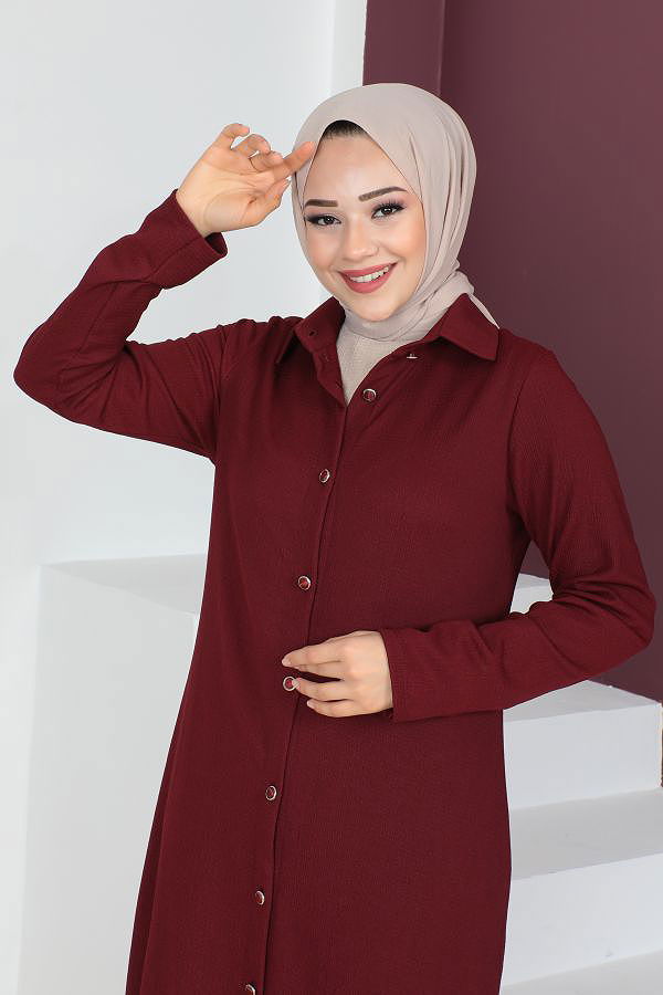Yanlardan Yırtmaçlı Üçlü Tesettür Takım-3138 Bordo