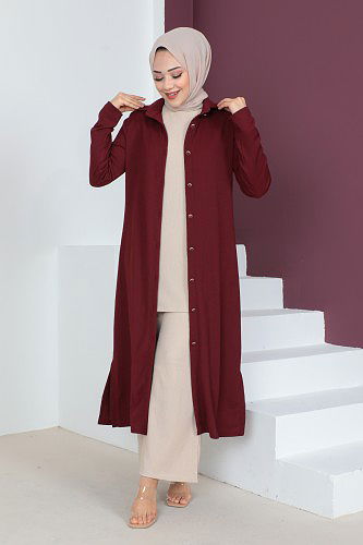 Yanlardan Yırtmaçlı Üçlü Tesettür Takım-3138 Bordo - Thumbnail