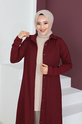 Yanlardan Yırtmaçlı Üçlü Tesettür Takım-3138 Bordo - Thumbnail