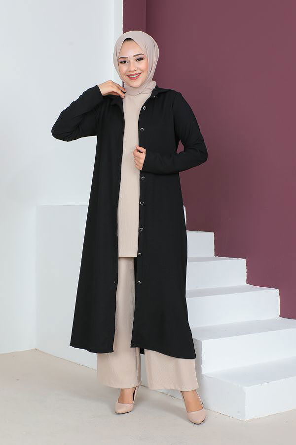 Yanlardan Yırtmaçlı Üçlü Tesettür Takım-3138 Siyah