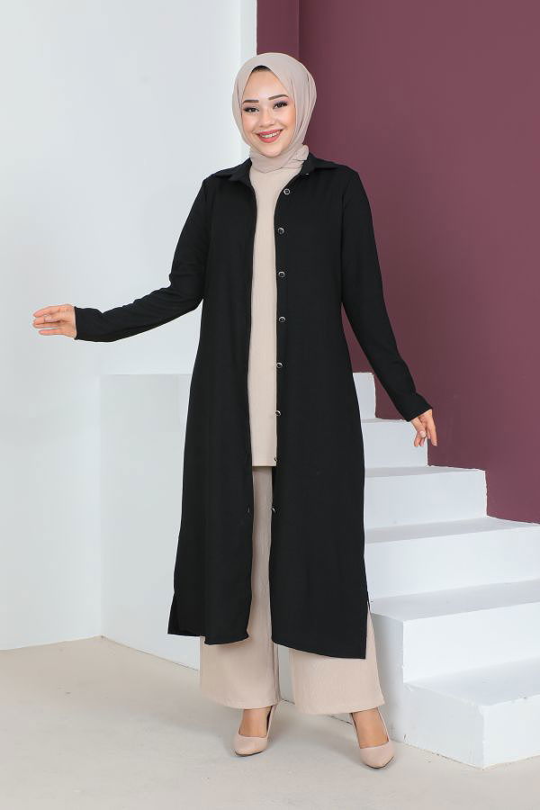 Yanlardan Yırtmaçlı Üçlü Tesettür Takım-3138 Siyah